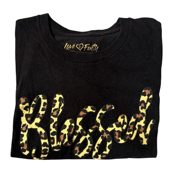 Love in Faith Black Blessed Leopard Print Graphic Tee Shirt Size M - Picture 4 of 8